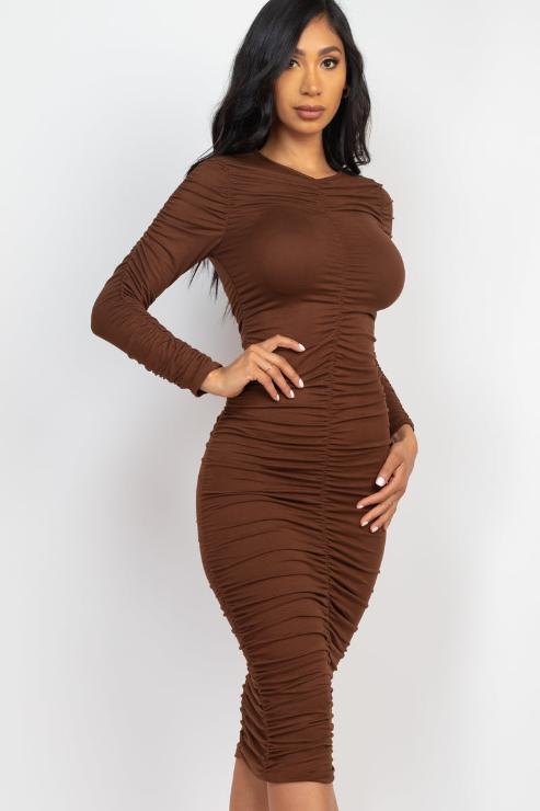 Ruched Long Sleeve Midi Dress - Capella Apparel