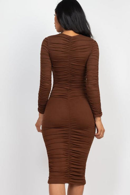 Ruched Long Sleeve Midi Dress - Capella Apparel