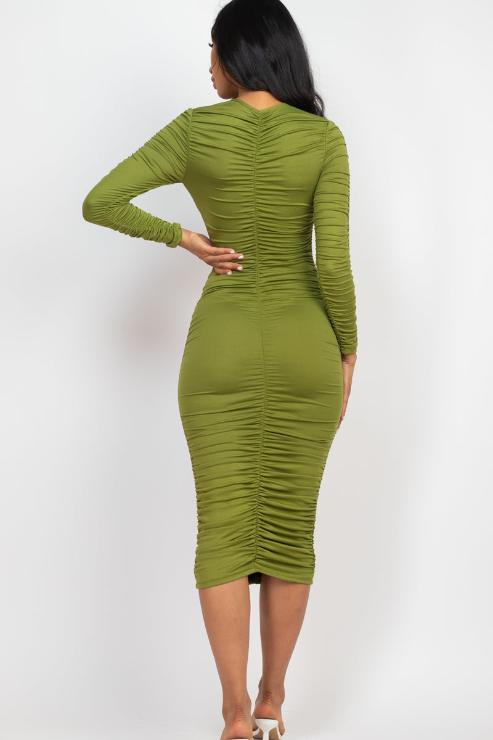 Ruched Long Sleeve Midi Dress - Capella Apparel