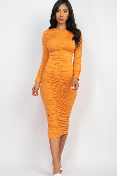 Ruched Long Sleeve Midi Dress - Capella Apparel