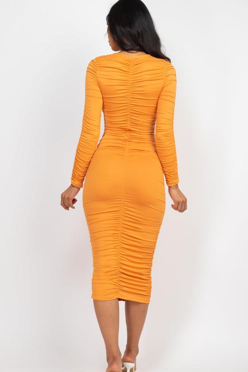 Ruched Long Sleeve Midi Dress - Capella Apparel