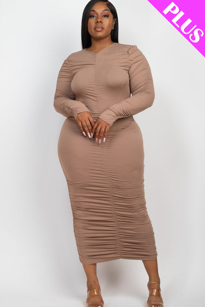 Plus Size Ruched Long Sleeve Midi Dress - Capella Apparel