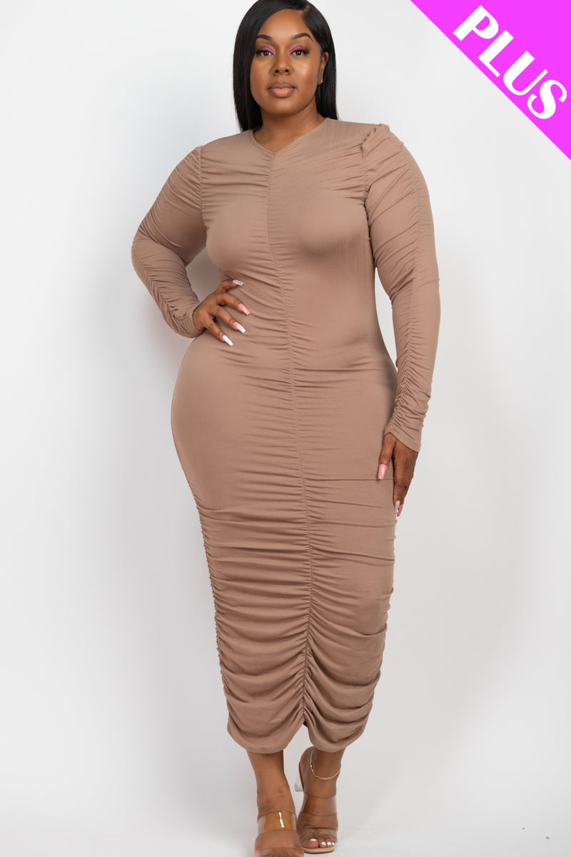 Plus Size Ruched Long Sleeve Midi Dress - Capella Apparel