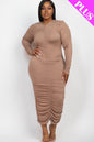 Plus Size Ruched Long Sleeve Midi Dress - Capella Apparel