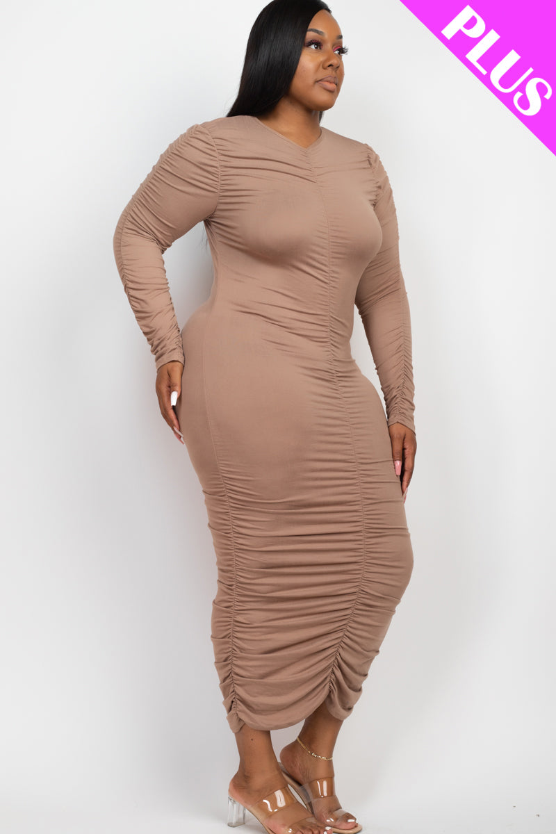 Plus Size Ruched Long Sleeve Midi Dress - Capella Apparel