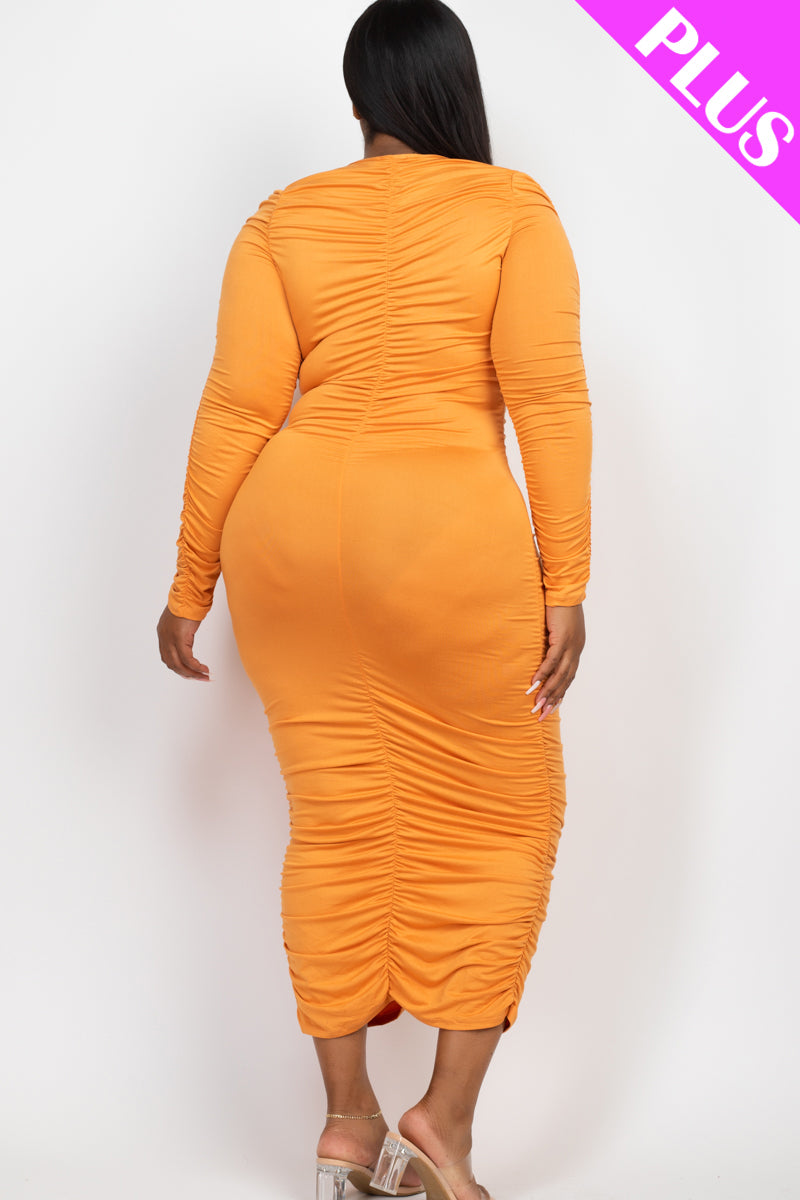 Plus Size Ruched Long Sleeve Midi Dress - Capella Apparel