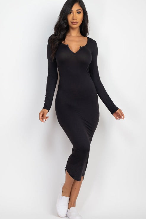 Split Neck Long Sleeve Midi Dress - Capella Apparel