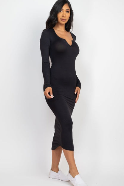 Split Neck Long Sleeve Midi Dress - Capella Apparel