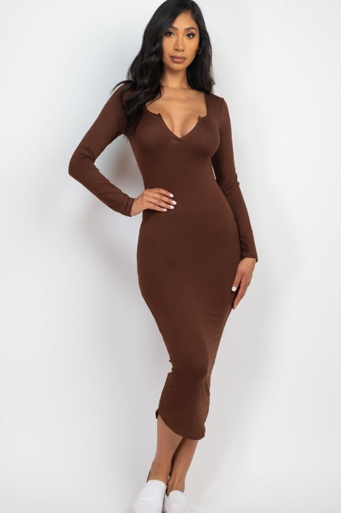 Split Neck Long Sleeve Midi Dress - Capella Apparel