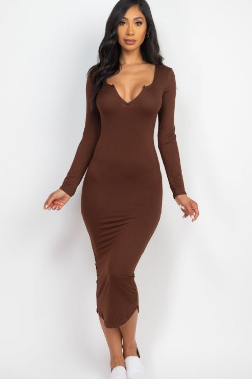 Split Neck Long Sleeve Midi Dress - Capella Apparel