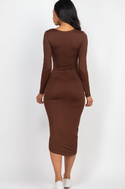 Split Neck Long Sleeve Midi Dress - Capella Apparel