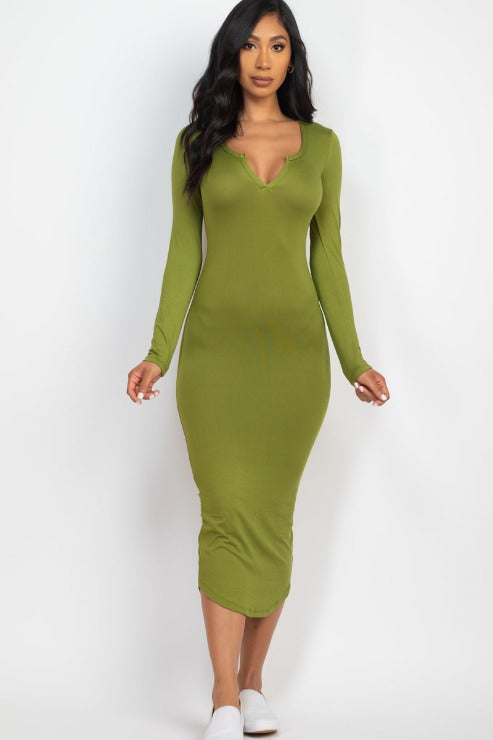 Split Neck Long Sleeve Midi Dress - Capella Apparel