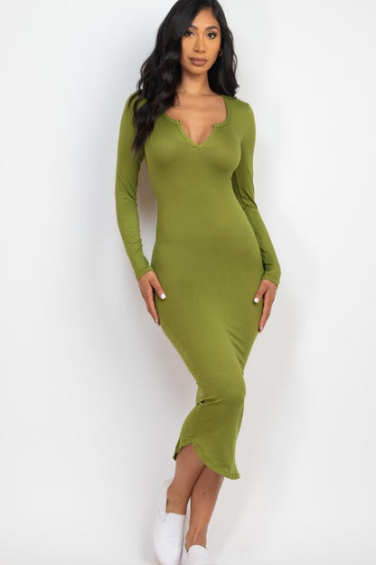 Split Neck Long Sleeve Midi Dress - Capella Apparel