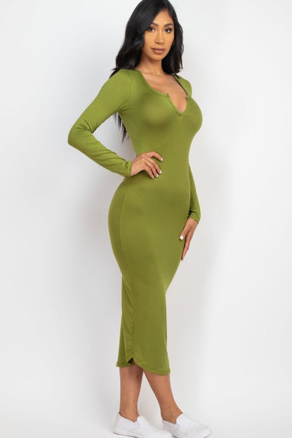 Split Neck Long Sleeve Midi Dress - Capella Apparel