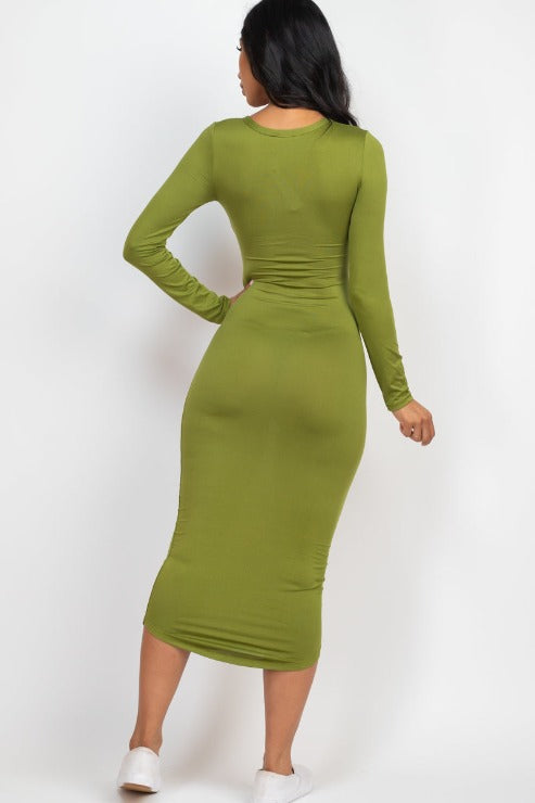 Split Neck Long Sleeve Midi Dress - Capella Apparel