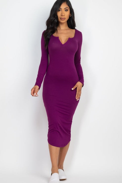 Split Neck Long Sleeve Midi Dress - Capella Apparel