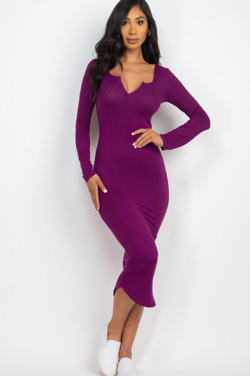 Split Neck Long Sleeve Midi Dress - Capella Apparel