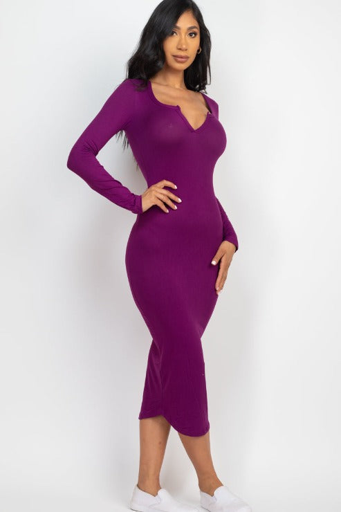 Split Neck Long Sleeve Midi Dress - Capella Apparel