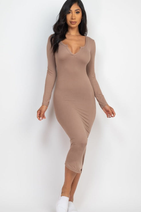 Split Neck Long Sleeve Midi Dress - Capella Apparel