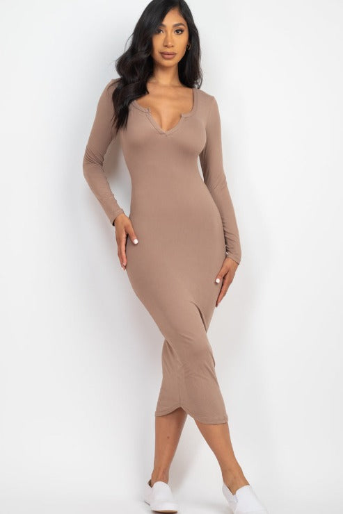 Split Neck Long Sleeve Midi Dress - Capella Apparel