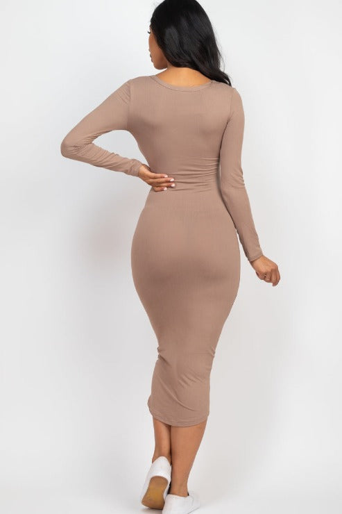 Split Neck Long Sleeve Midi Dress - Capella Apparel