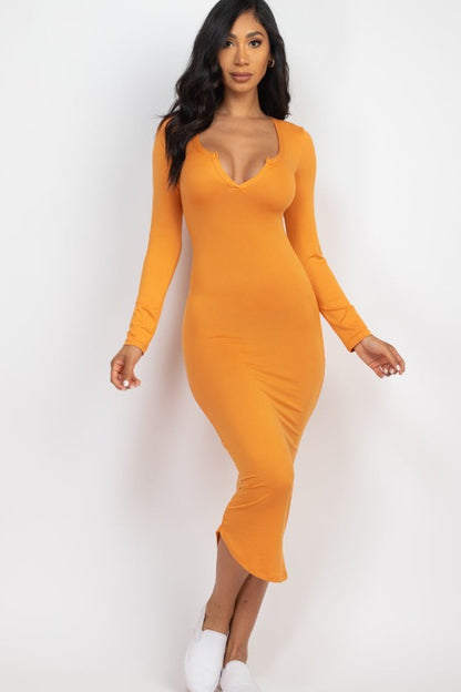 Split Neck Long Sleeve Midi Dress - Capella Apparel