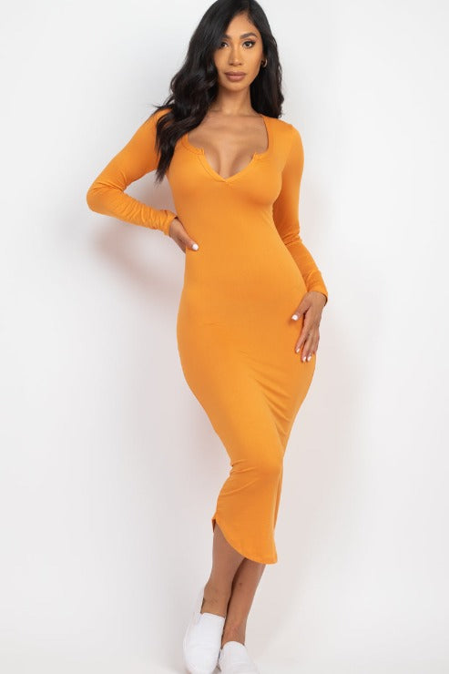 Split Neck Long Sleeve Midi Dress - Capella Apparel