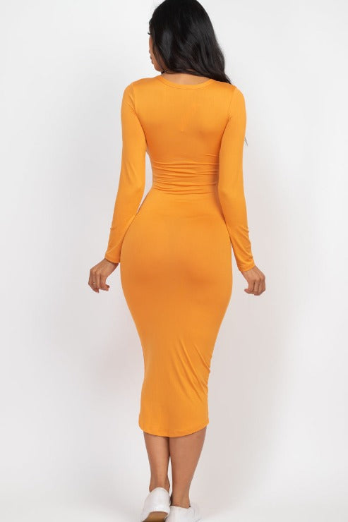 Split Neck Long Sleeve Midi Dress - Capella Apparel