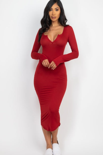 Split Neck Long Sleeve Midi Dress - Capella Apparel