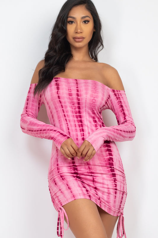 Tie-dye Print Off Shoulder Ruched Drawstring Bodycon Mini Dress - Capella Apparel