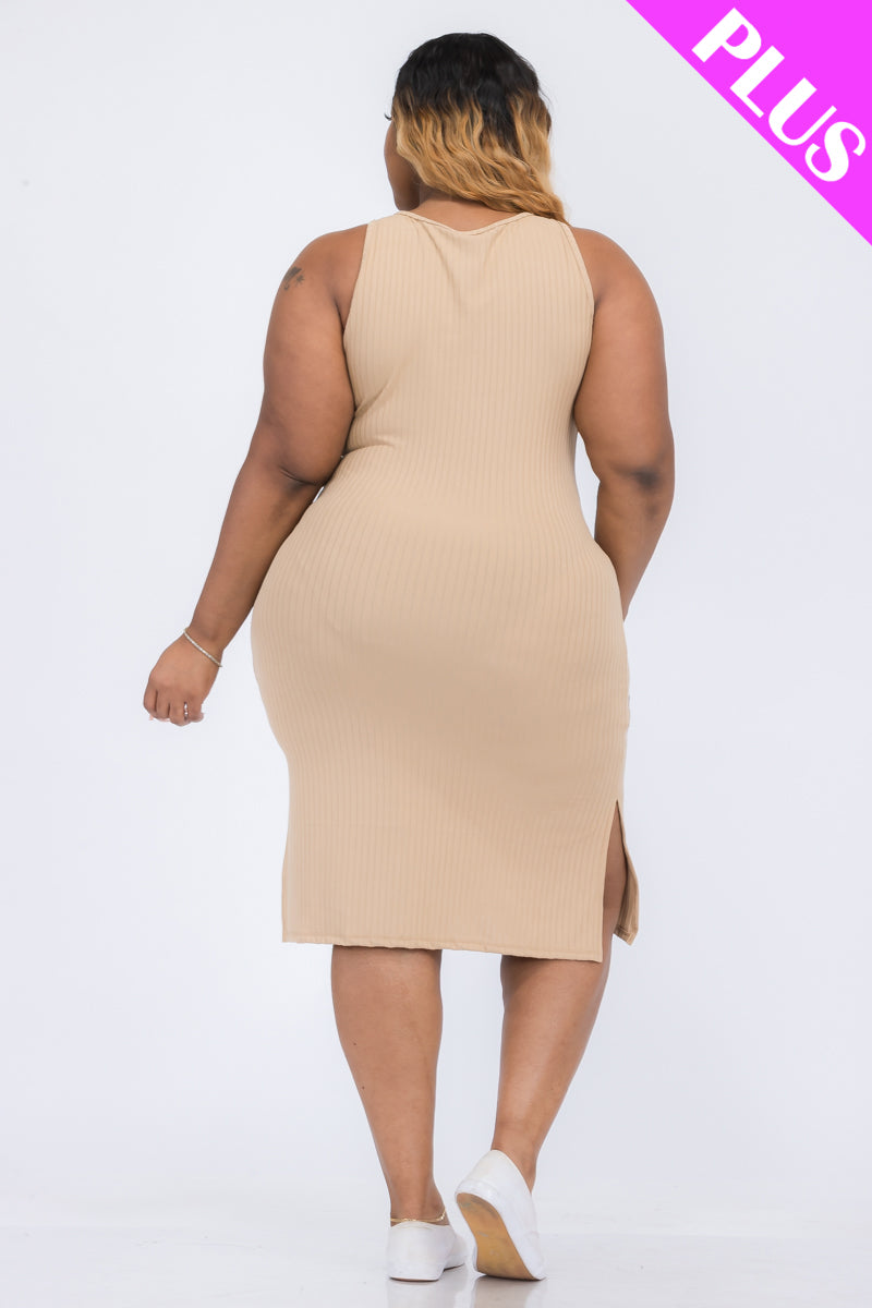 Plus Size Ribbed Side Slit Tank Midi Dress - Capella Apparel