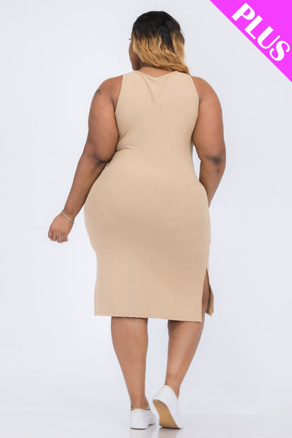 Plus Size Ribbed Side Slit Tank Midi Dress - Capella Apparel