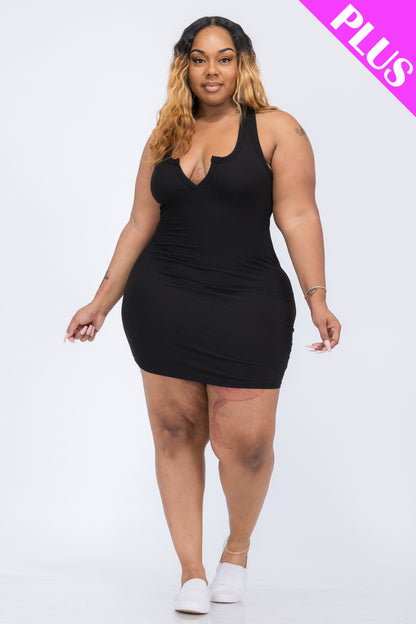 Plus Size Ribbed Split Neck Tank Mini Dress - Capella Apparel