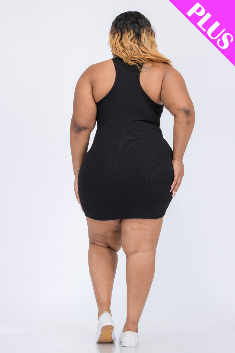 Plus Size Ribbed Split Neck Tank Mini Dress - Capella Apparel