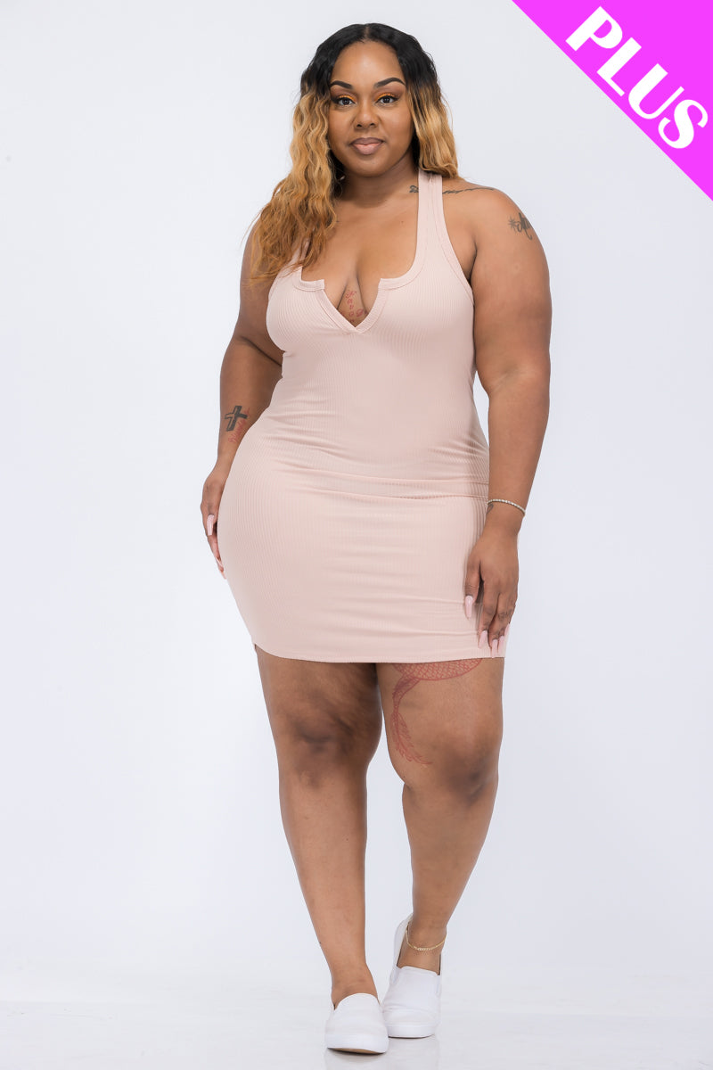 Plus Size Ribbed Split Neck Tank Mini Dress - Capella Apparel