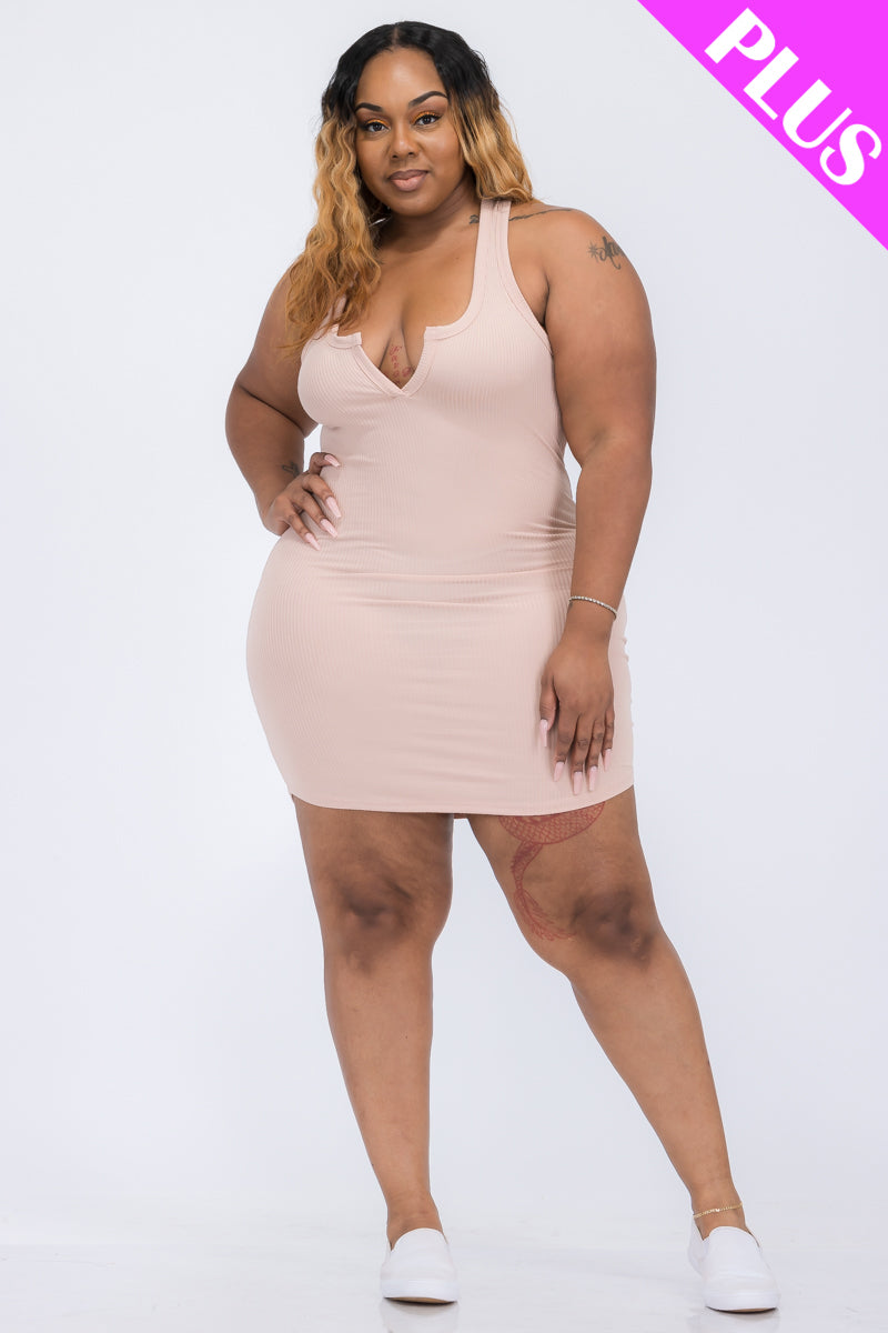 Plus Size Ribbed Split Neck Tank Mini Dress - Capella Apparel