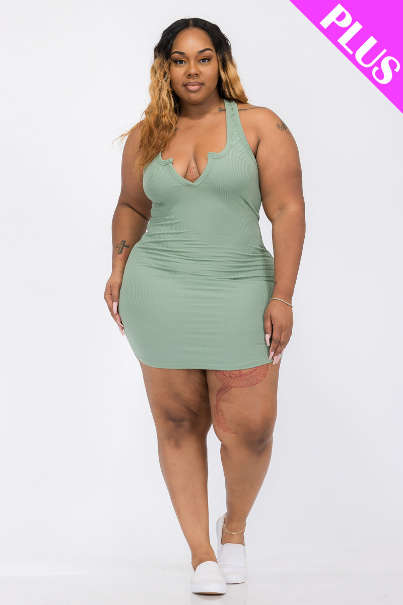 Plus Size Ribbed Split Neck Tank Mini Dress - Capella Apparel