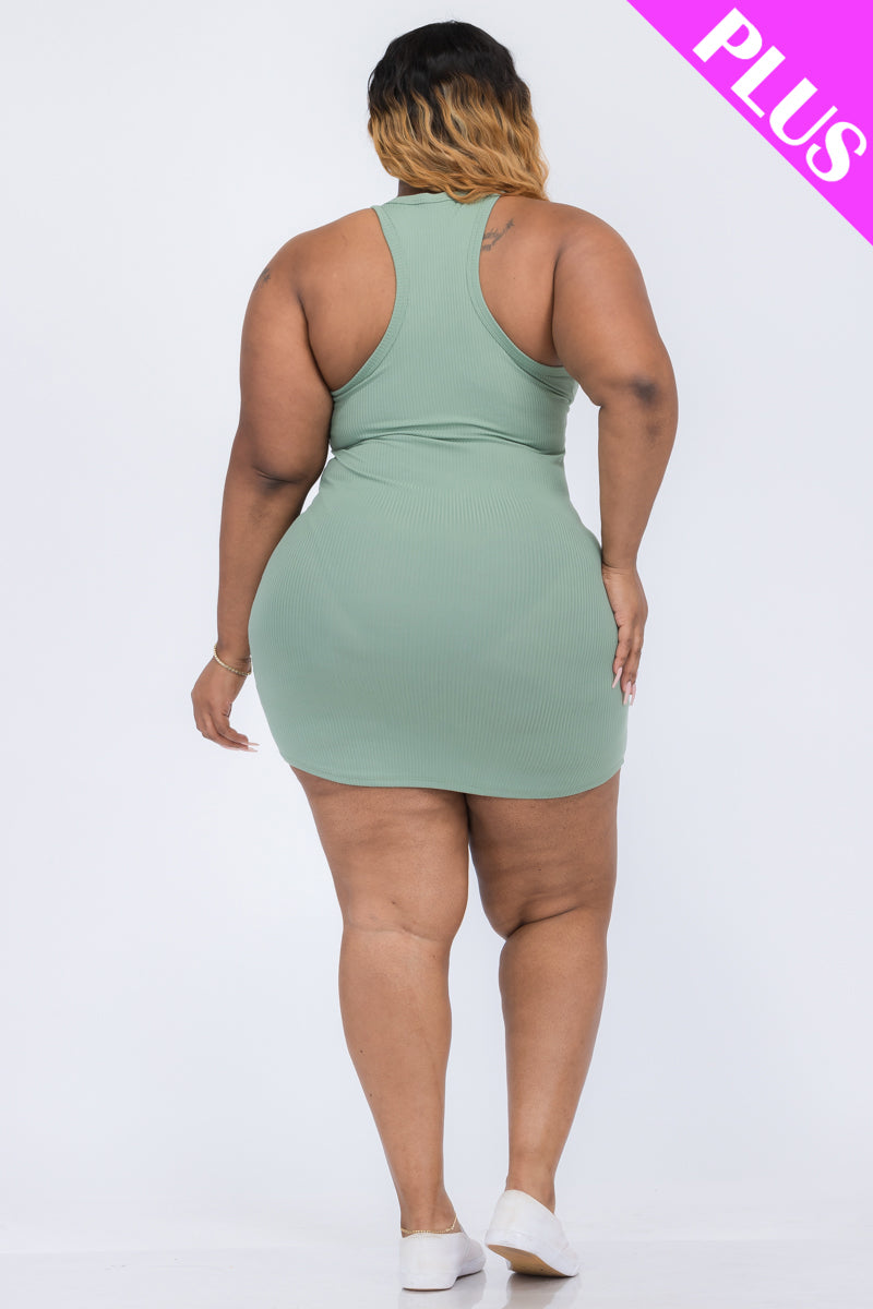 Plus Size Ribbed Split Neck Tank Mini Dress - Capella Apparel