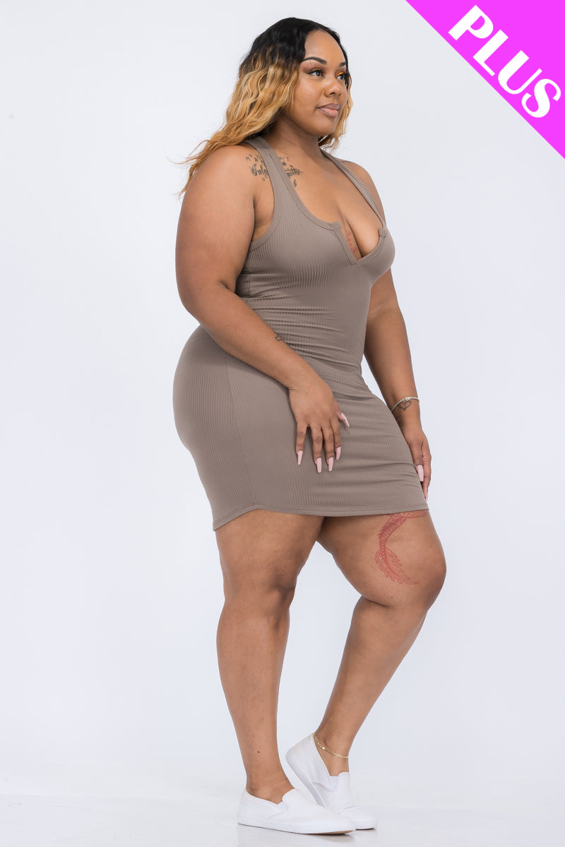 Plus Size Ribbed Split Neck Tank Mini Dress - Capella Apparel