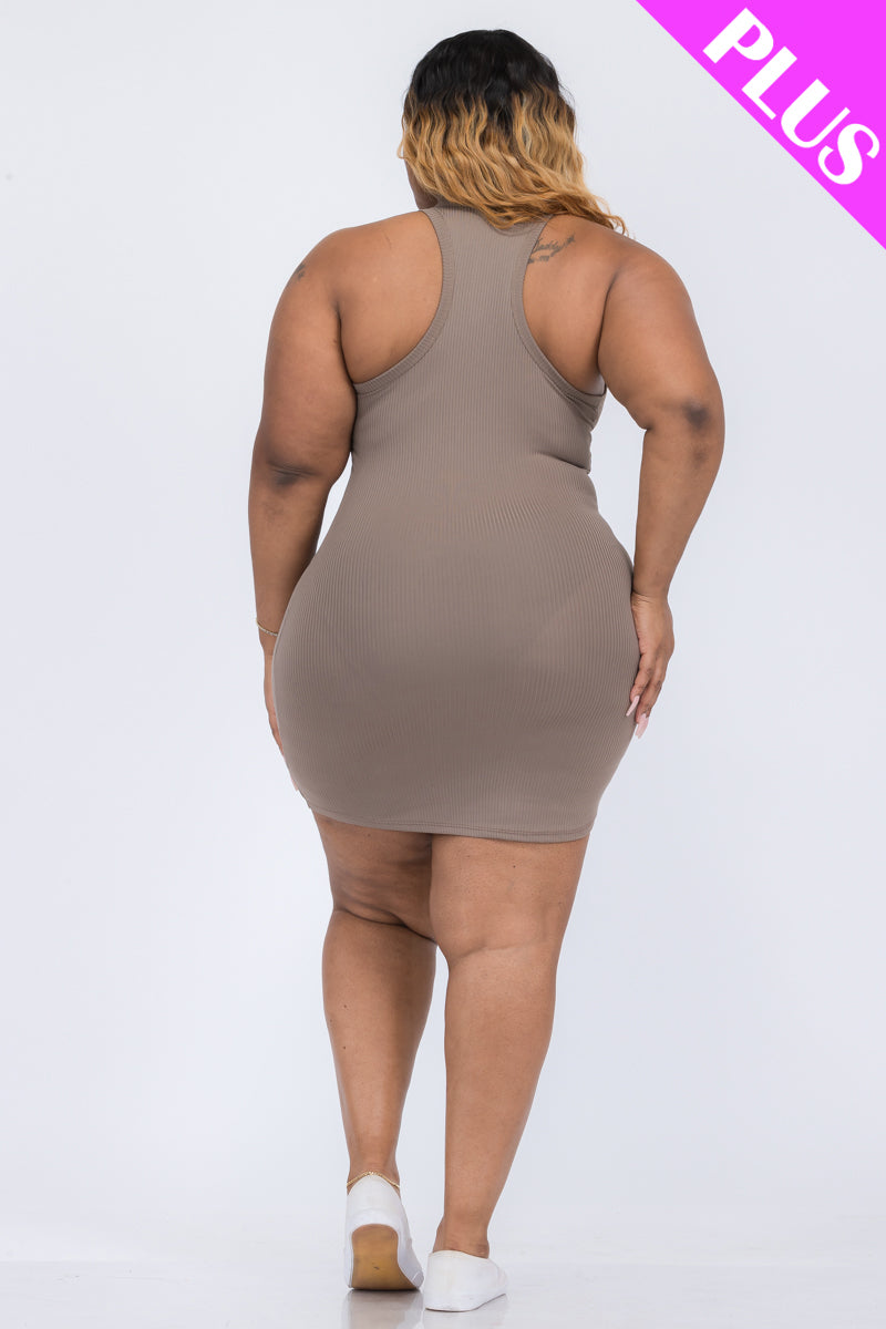 Plus Size Ribbed Split Neck Tank Mini Dress - Capella Apparel