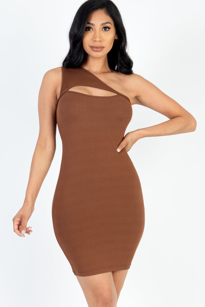 Ribbed One Shoulder Cutout Front Casual Mini Bodycon Dress (CAPELLA) - Capella Apparel