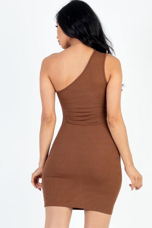 Ribbed One Shoulder Cutout Front Casual Mini Bodycon Dress - Capella Apparel