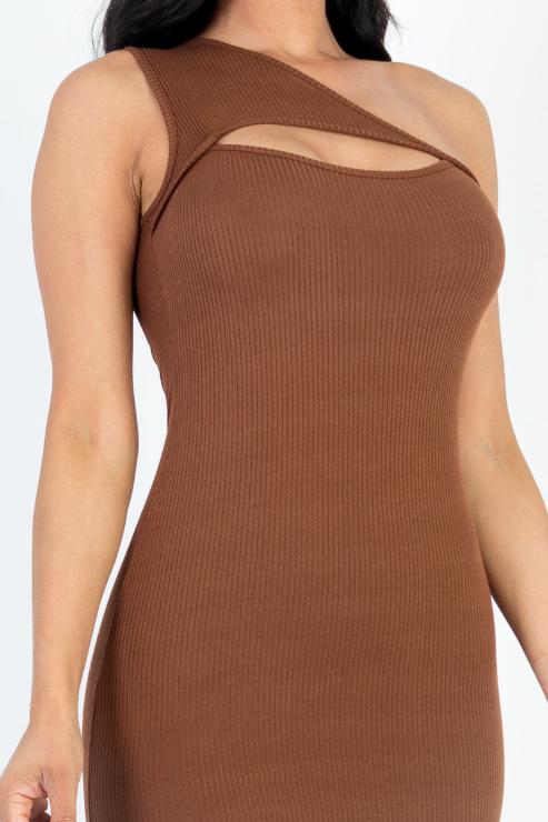 Ribbed One Shoulder Cutout Front Casual Mini Bodycon Dress - Capella Apparel