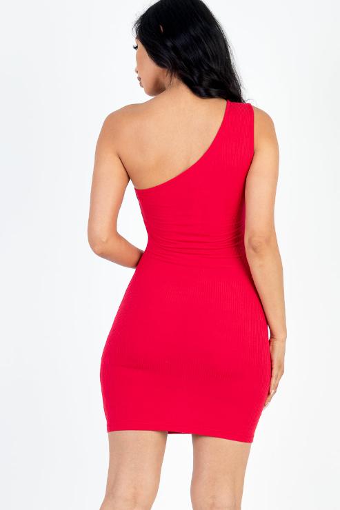 Ribbed One Shoulder Cutout Front Casual Mini Bodycon Dress - Capella Apparel