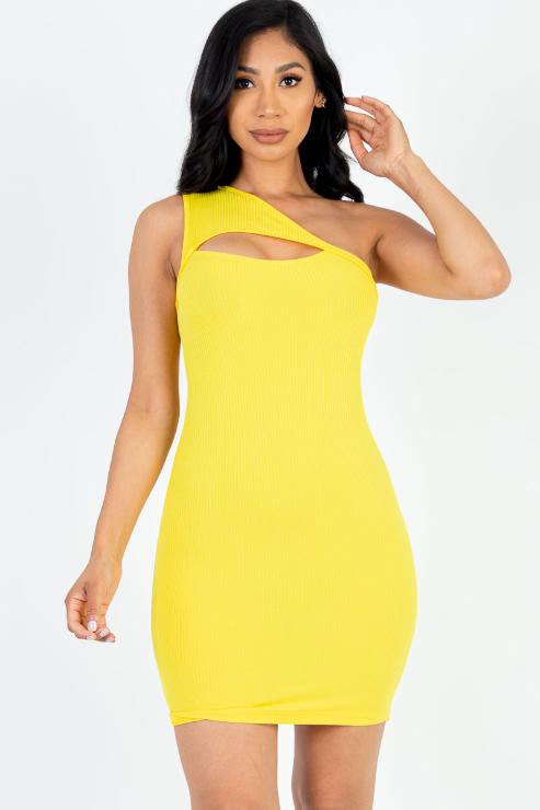 Ribbed One Shoulder Cutout Front Casual Mini Bodycon Dress - Capella Apparel