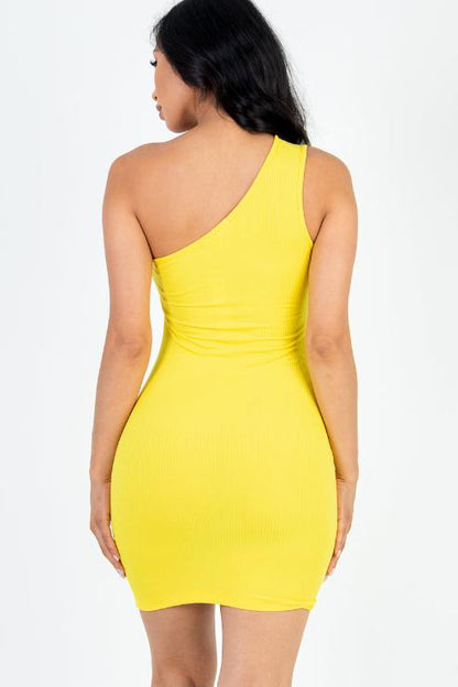 Ribbed One Shoulder Cutout Front Casual Mini Bodycon Dress - Capella Apparel