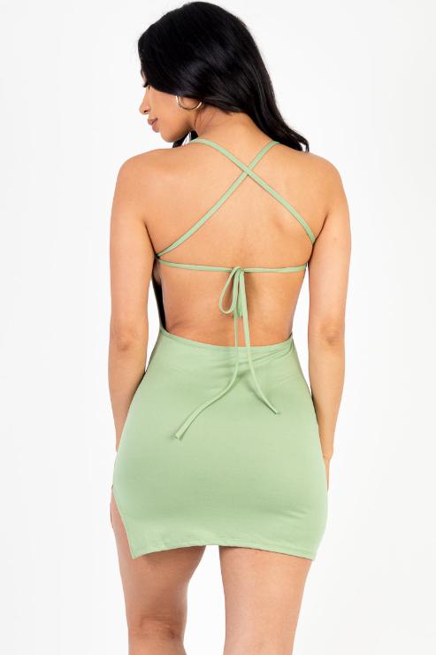 Sexy Solid Color Crisscross Open Back Cami Mini Bodycon Dress - Capella Apparel