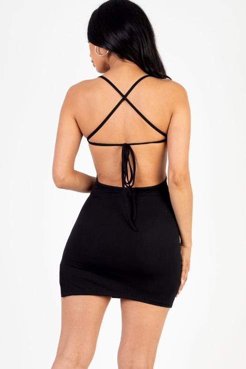 Sexy Solid Color Crisscross Open Back Cami Mini Bodycon Dress - Capella Apparel