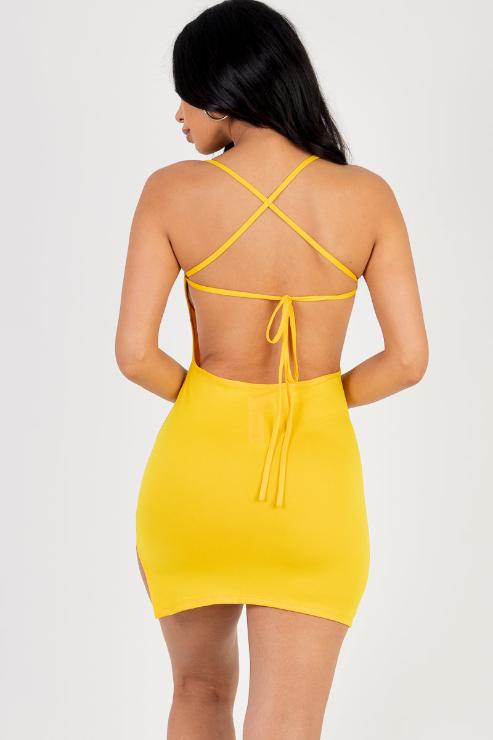 Sexy Solid Color Crisscross Open Back Cami Mini Bodycon Dress - Capella Apparel