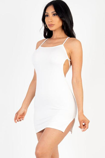 Sexy Solid Color Crisscross Open Back Cami Mini Bodycon Dress - Capella Apparel